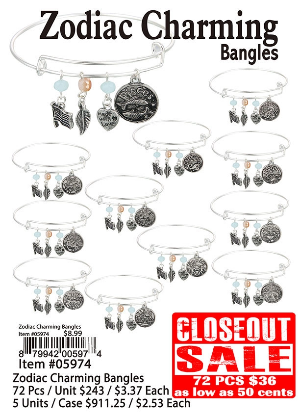 Zodiac Charming Bangles - Closeout 72 Pcs.